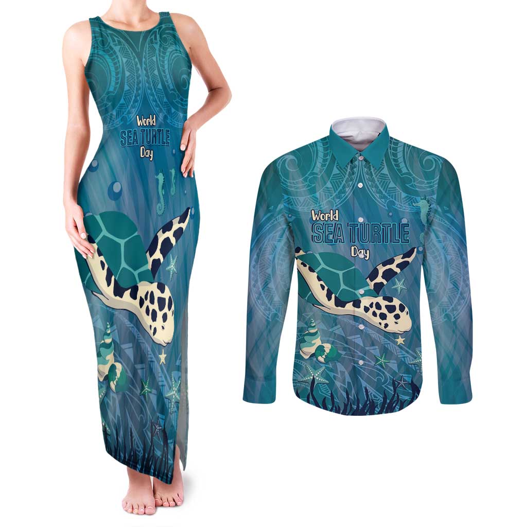 World Sea Turtle Day Polynesia Couples Matching Tank Maxi Dress and Long Sleeve Button Shirt Go With The Flow
