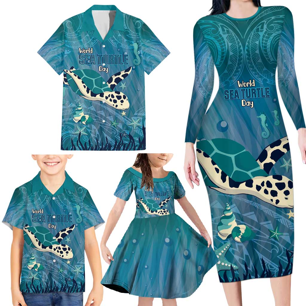 World Sea Turtle Day Polynesia Family Matching Long Sleeve Bodycon Dress and Hawaiian Shirt Go With The Flow