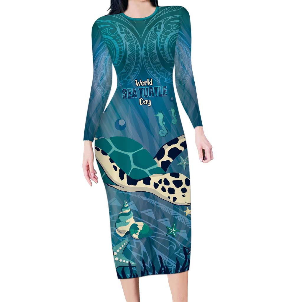 World Sea Turtle Day Polynesia Family Matching Long Sleeve Bodycon Dress and Hawaiian Shirt Go With The Flow