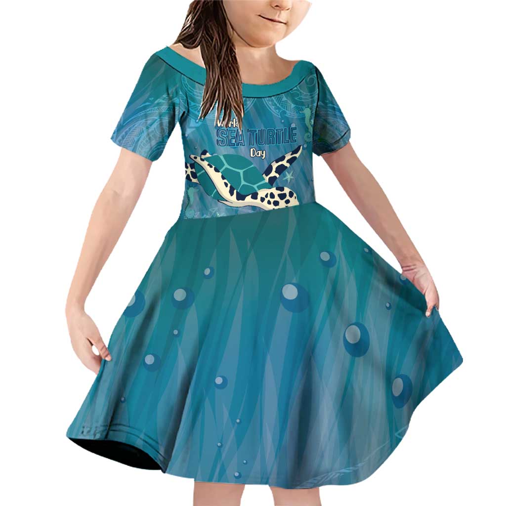 World Sea Turtle Day Polynesia Family Matching Off Shoulder Short Dress and Hawaiian Shirt Go With The Flow LT14 Daughter's Dress Cyan - Polynesian Pride