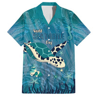 World Sea Turtle Day Polynesia Family Matching Off Shoulder Short Dress and Hawaiian Shirt Go With The Flow LT14 Dad's Shirt - Short Sleeve Cyan - Polynesian Pride