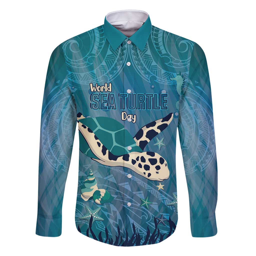 World Sea Turtle Day Polynesia Family Matching Off Shoulder Short Dress and Hawaiian Shirt Go With The Flow LT14 Dad's Shirt - Long Sleeve Cyan - Polynesian Pride