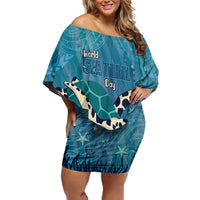 World Sea Turtle Day Polynesia Family Matching Off Shoulder Short Dress and Hawaiian Shirt Go With The Flow LT14 Mom's Dress Cyan - Polynesian Pride