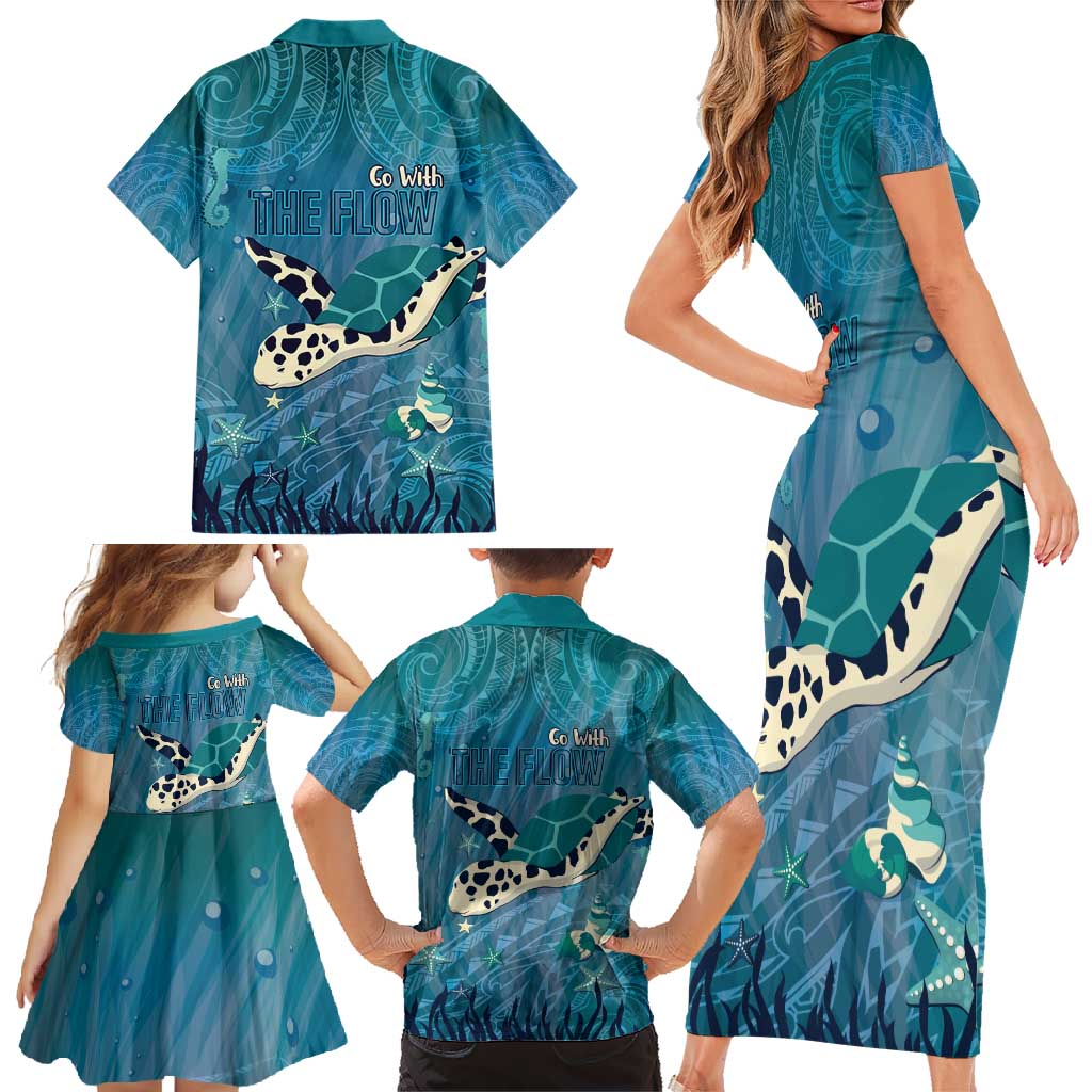 World Sea Turtle Day Polynesia Family Matching Short Sleeve Bodycon Dress and Hawaiian Shirt Go With The Flow