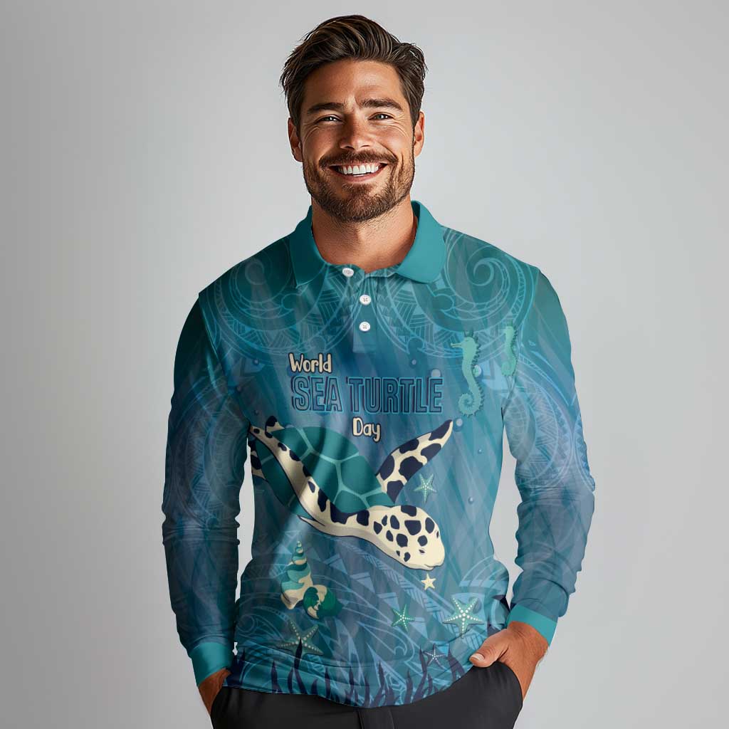 World Sea Turtle Day Polynesia Long Sleeve Polo Shirt Go With The Flow