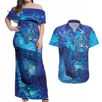 Kuri New Zealand Matariki Couples Matching Off Shoulder Maxi Dress and Hawaiian Shirt Aotearoa Dog Waka Maori New Year Galaxy Vibes LT14 Blue - Polynesian Pride