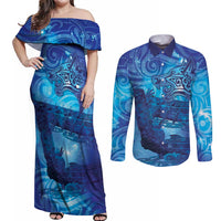 Kuri New Zealand Matariki Couples Matching Off Shoulder Maxi Dress and Long Sleeve Button Shirt Aotearoa Dog Waka Maori New Year Galaxy Vibes LT14 Blue - Polynesian Pride