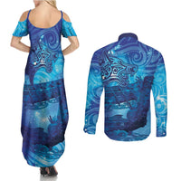 Kuri New Zealand Matariki Couples Matching Summer Maxi Dress and Long Sleeve Button Shirt Aotearoa Dog Waka Maori New Year Galaxy Vibes LT14 - Polynesian Pride