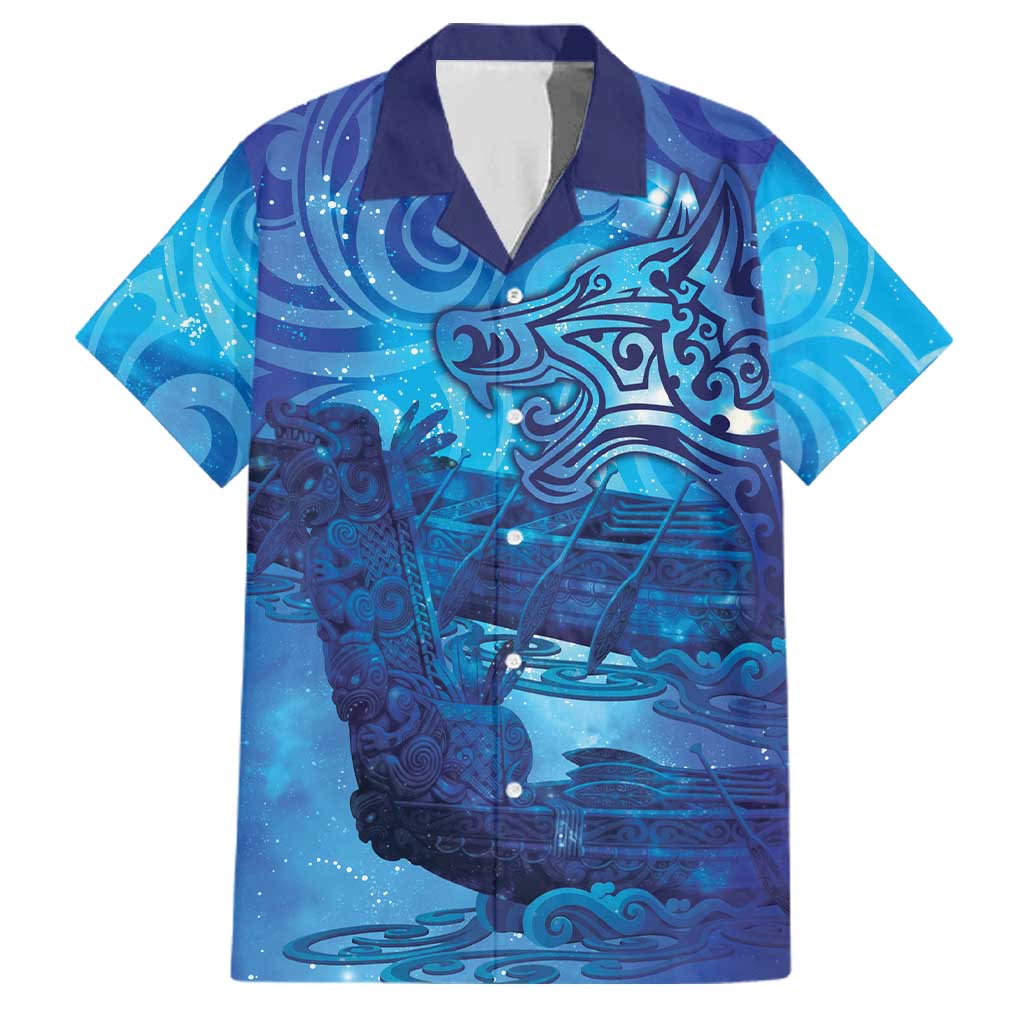 Kuri New Zealand Matariki Family Matching Mermaid Dress and Hawaiian Shirt Aotearoa Dog Waka Maori New Year Galaxy Vibes LT14 Dad's Shirt - Short Sleeve Blue - Polynesian Pride