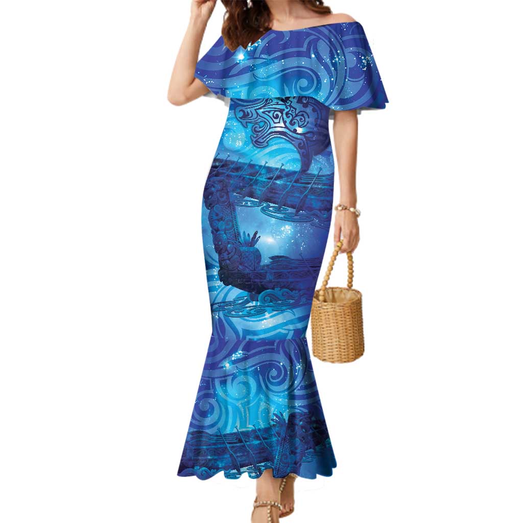 Kuri New Zealand Matariki Family Matching Mermaid Dress and Hawaiian Shirt Aotearoa Dog Waka Maori New Year Galaxy Vibes LT14 Mom's Dress Blue - Polynesian Pride