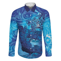 Kuri New Zealand Matariki Family Matching Puletasi and Hawaiian Shirt Aotearoa Dog Waka Maori New Year Galaxy Vibes LT14 Dad's Shirt - Long Sleeve Blue - Polynesian Pride