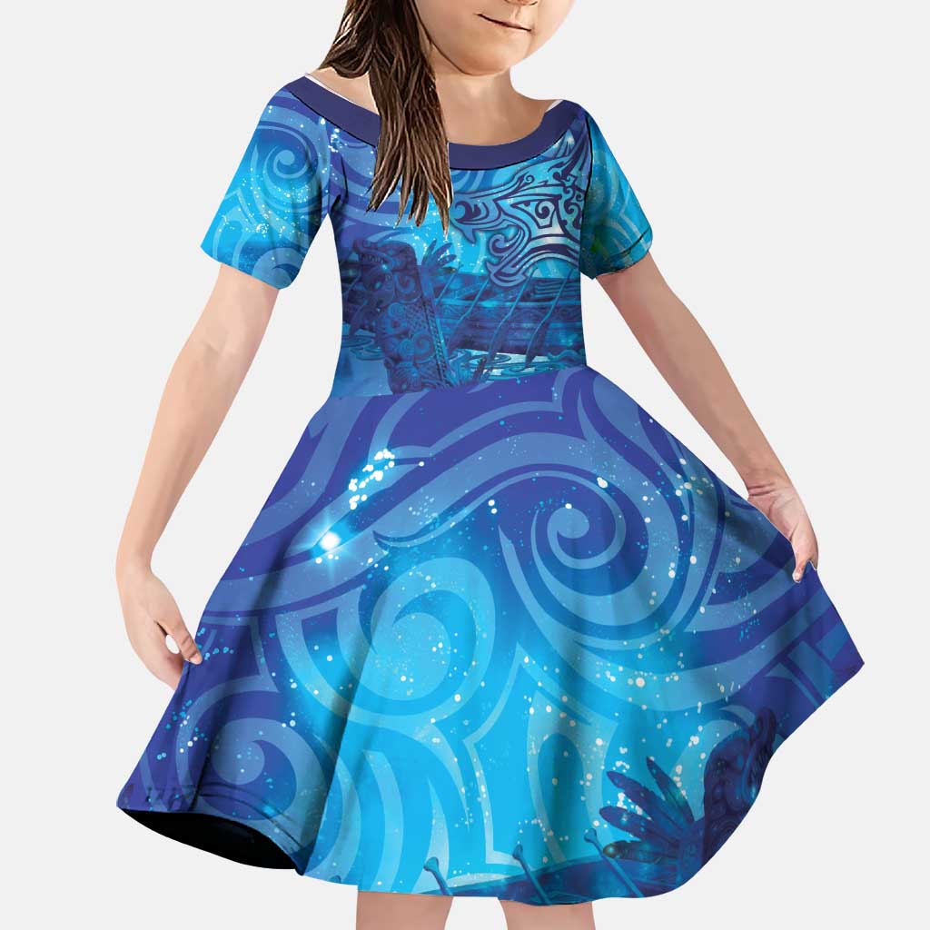Kuri New Zealand Matariki Family Matching Summer Maxi Dress and Hawaiian Shirt Aotearoa Dog Waka Maori New Year Galaxy Vibes LT14 Daughter's Dress Blue - Polynesian Pride
