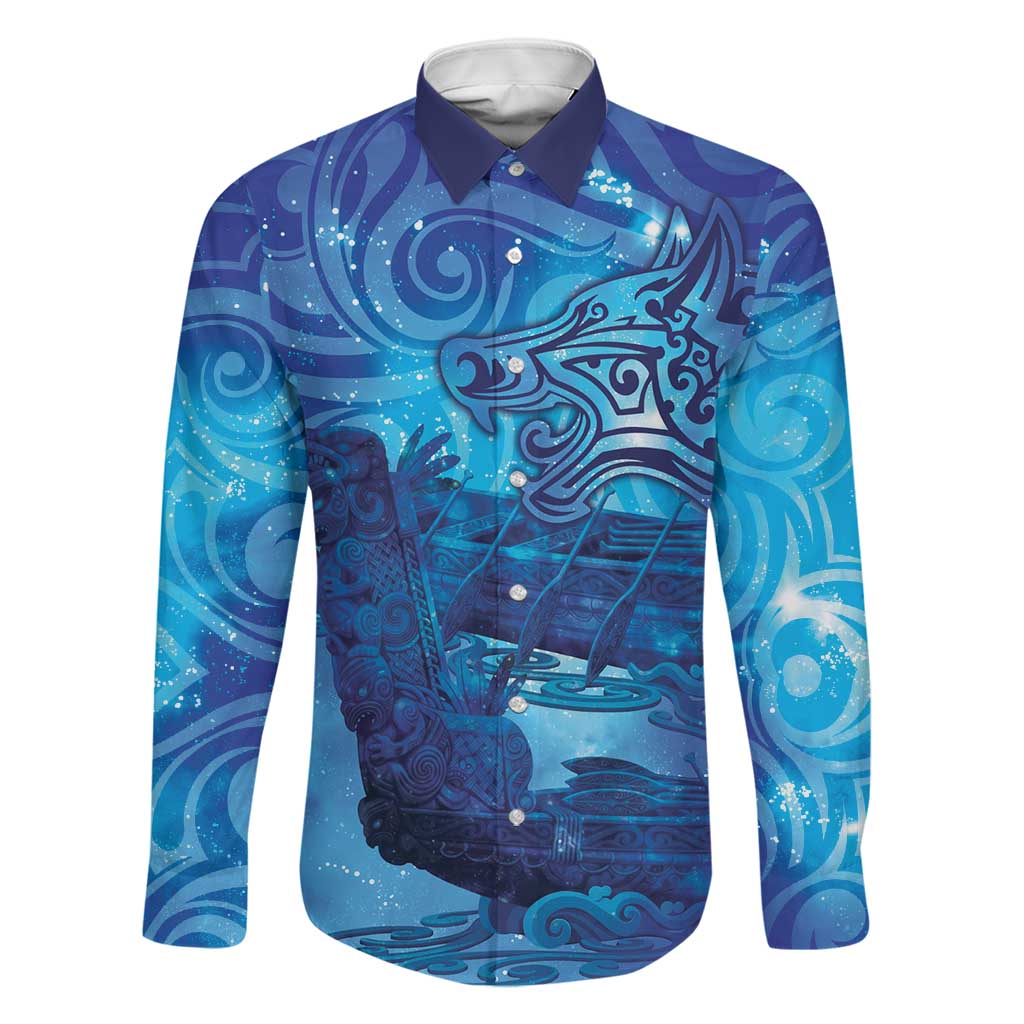 Kuri New Zealand Matariki Family Matching Summer Maxi Dress and Hawaiian Shirt Aotearoa Dog Waka Maori New Year Galaxy Vibes LT14 Dad's Shirt - Long Sleeve Blue - Polynesian Pride