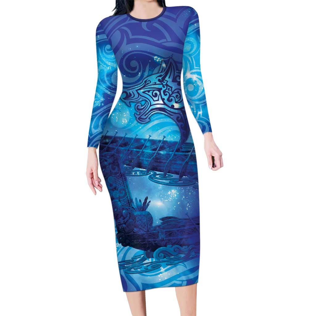 Kuri New Zealand Matariki Long Sleeve Bodycon Dress Aotearoa Dog Waka Maori New Year Galaxy Vibes LT14 Long Dress Blue - Polynesian Pride
