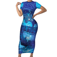 Kuri New Zealand Matariki Short Sleeve Bodycon Dress Aotearoa Dog Waka Maori New Year Galaxy Vibes LT14 Long Dress Blue - Polynesian Pride