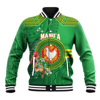 Personalized Manu'a Cession Day Baseball Jacket Tropical Flowers With Polynesian Pattern LT14 Unisex Green - Polynesian Pride