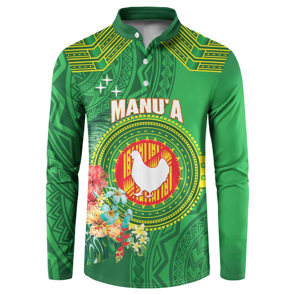 Personalized Manu'a Cession Day Button Sweatshirt Tropical Flowers With Polynesian Pattern LT14 Green - Polynesian Pride