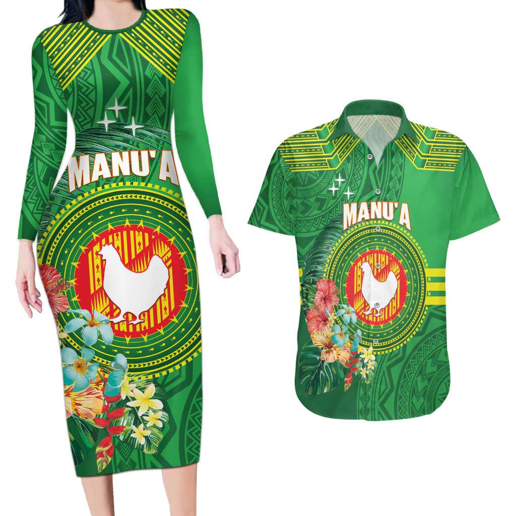 Personalized Manu'a Cession Day Couples Matching Long Sleeve Bodycon Dress and Hawaiian Shirt Tropical Flowers With Polynesian Pattern