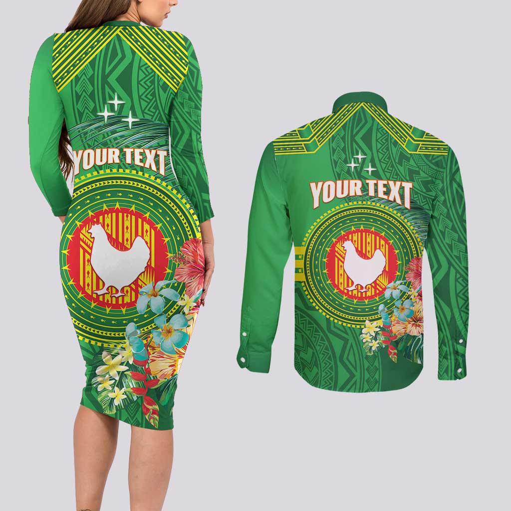 Personalized Manu'a Cession Day Couples Matching Long Sleeve Bodycon Dress and Long Sleeve Button Shirt Tropical Flowers With Polynesian Pattern