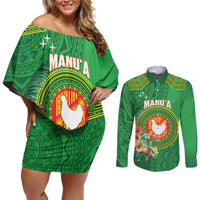 Personalized Manu'a Cession Day Couples Matching Off Shoulder Short Dress and Long Sleeve Button Shirt Tropical Flowers With Polynesian Pattern