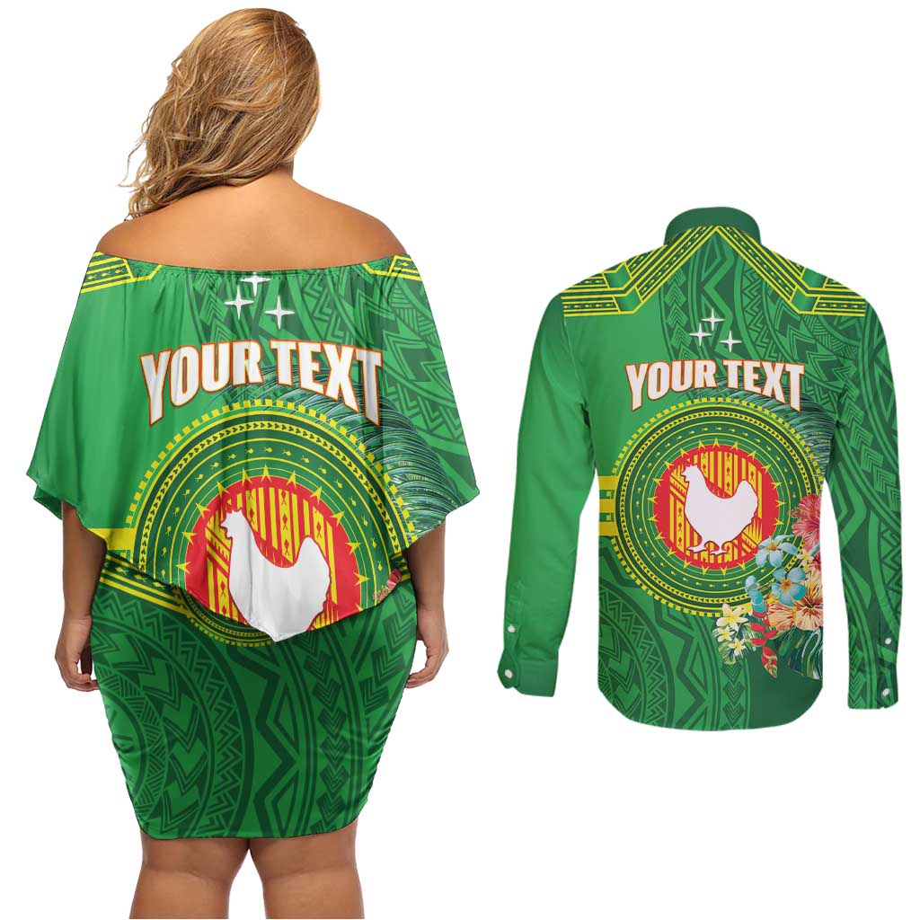 Personalized Manu'a Cession Day Couples Matching Off Shoulder Short Dress and Long Sleeve Button Shirt Tropical Flowers With Polynesian Pattern