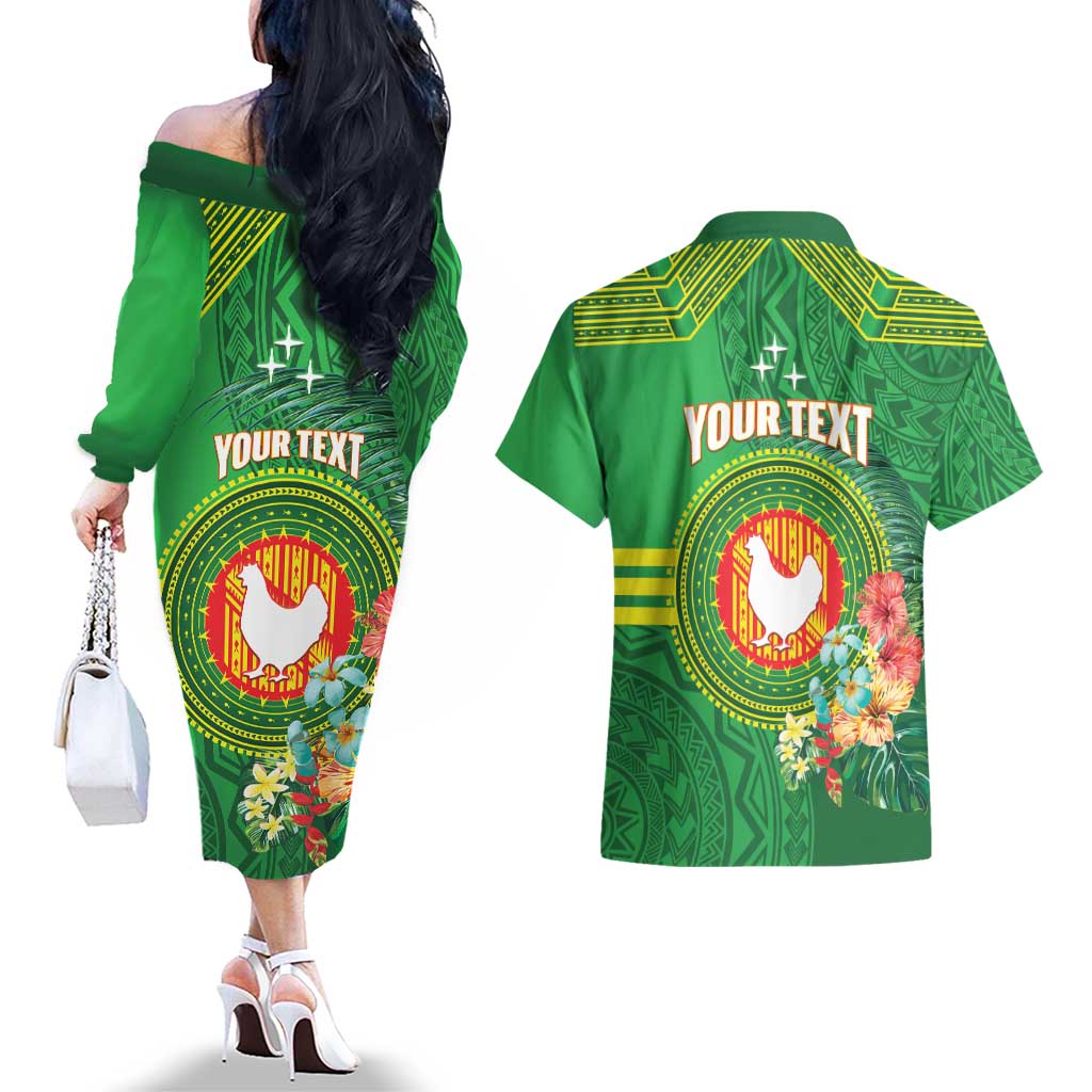 Personalized Manu'a Cession Day Couples Matching Off The Shoulder Long Sleeve Dress and Hawaiian Shirt Tropical Flowers With Polynesian Pattern