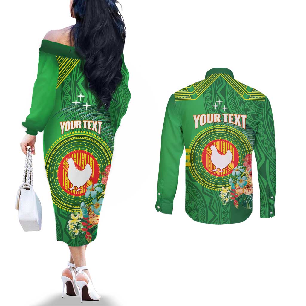 Personalized Manu'a Cession Day Couples Matching Off The Shoulder Long Sleeve Dress and Long Sleeve Button Shirt Tropical Flowers With Polynesian Pattern