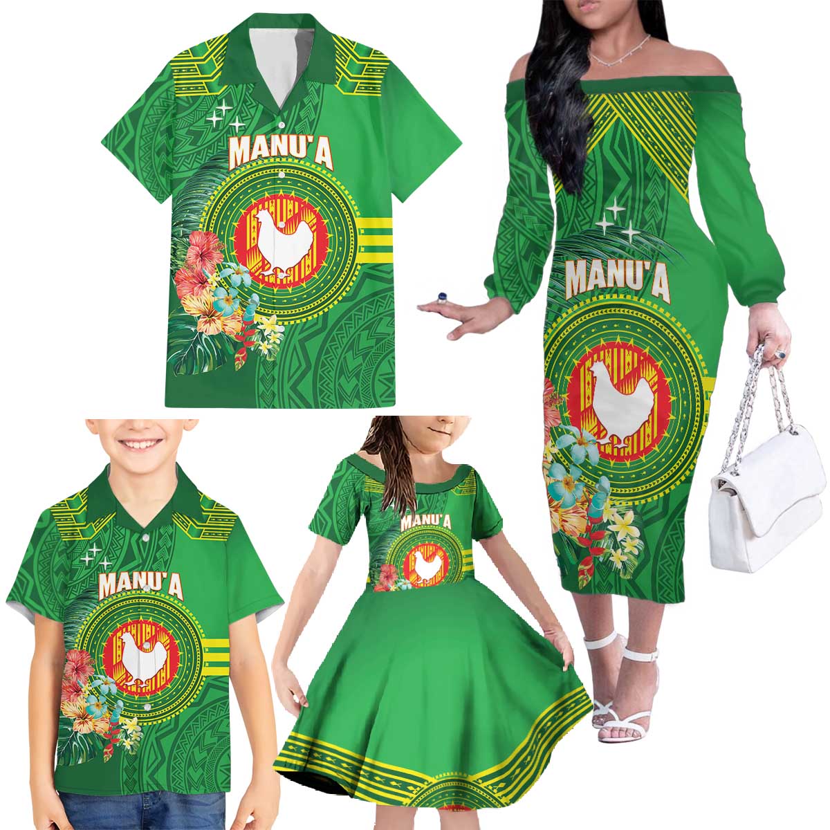 Personalized Manu'a Cession Day Family Matching Off The Shoulder Long Sleeve Dress and Hawaiian Shirt Tropical Flowers With Polynesian Pattern