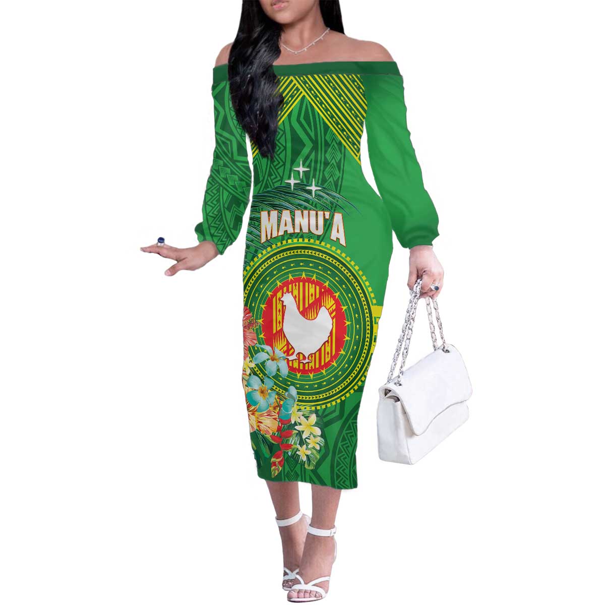 Personalized Manu'a Cession Day Family Matching Off The Shoulder Long Sleeve Dress and Hawaiian Shirt Tropical Flowers With Polynesian Pattern