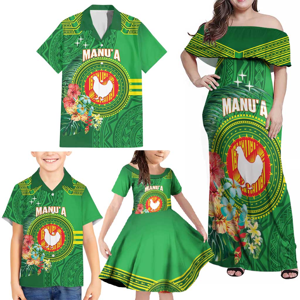 Personalized Manu'a Cession Day Family Matching Off Shoulder Maxi Dress and Hawaiian Shirt Tropical Flowers With Polynesian Pattern LT14 - Polynesian Pride