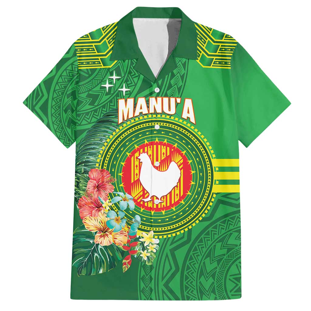 Personalized Manu'a Cession Day Family Matching Off Shoulder Maxi Dress and Hawaiian Shirt Tropical Flowers With Polynesian Pattern LT14 Dad's Shirt - Short Sleeve Green - Polynesian Pride