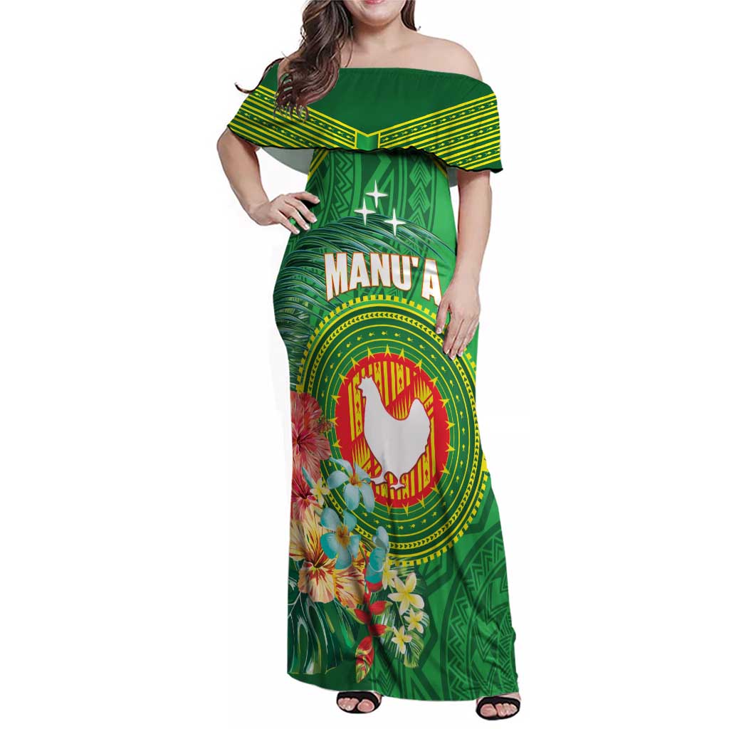 Personalized Manu'a Cession Day Family Matching Off Shoulder Maxi Dress and Hawaiian Shirt Tropical Flowers With Polynesian Pattern LT14 Mom's Dress Green - Polynesian Pride