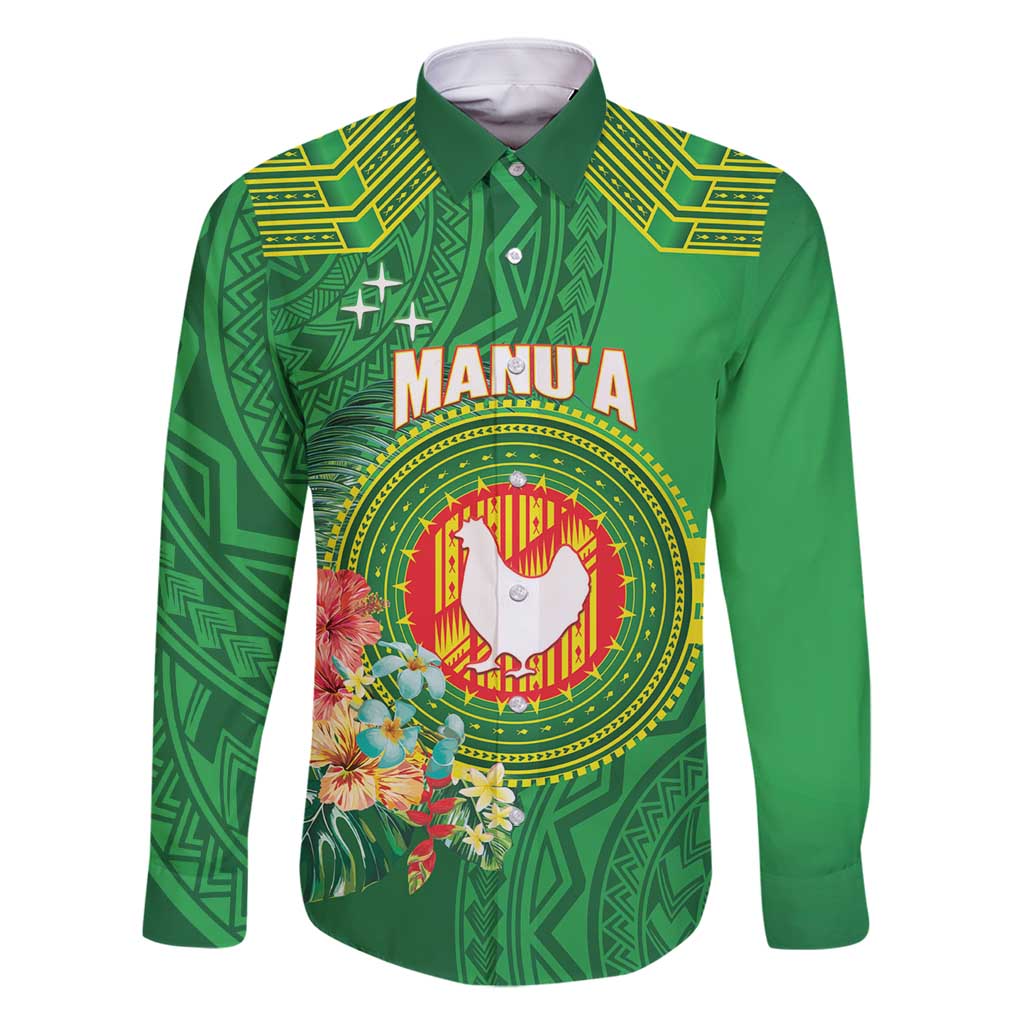 Personalized Manu'a Cession Day Family Matching Off Shoulder Short Dress and Hawaiian Shirt Tropical Flowers With Polynesian Pattern LT14 Dad's Shirt - Long Sleeve Green - Polynesian Pride