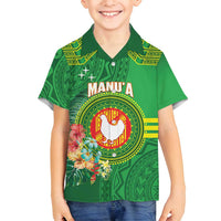 Personalized Manu'a Cession Day Family Matching Off Shoulder Short Dress and Hawaiian Shirt Tropical Flowers With Polynesian Pattern LT14 Son's Shirt Green - Polynesian Pride