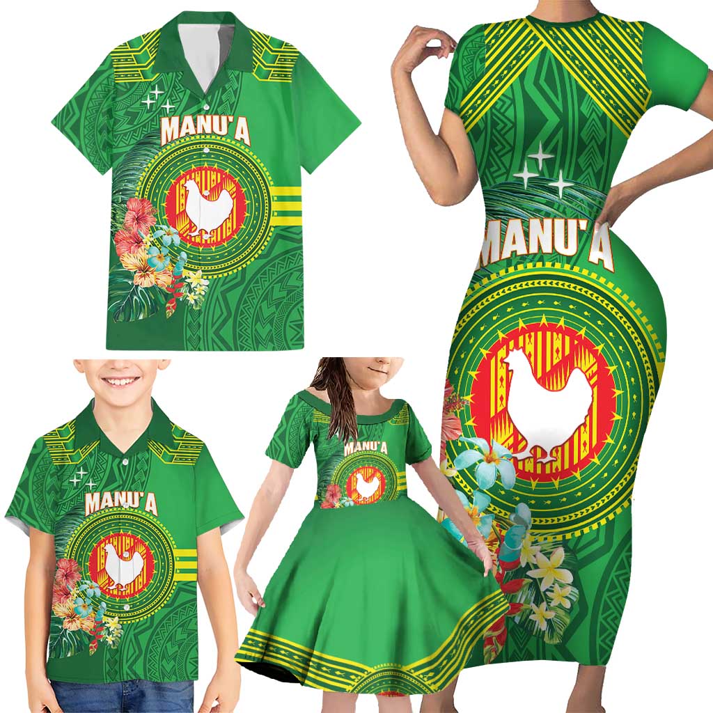 Personalized Manu'a Cession Day Family Matching Short Sleeve Bodycon Dress and Hawaiian Shirt Tropical Flowers With Polynesian Pattern