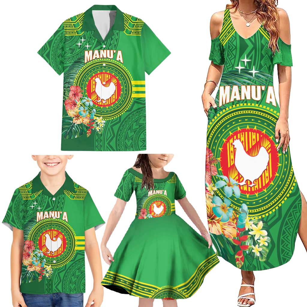 Personalized Manu'a Cession Day Family Matching Summer Maxi Dress and Hawaiian Shirt Tropical Flowers With Polynesian Pattern