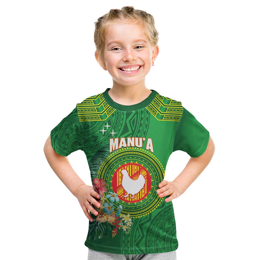 Personalized Manu'a Cession Day Kid T Shirt Tropical Flowers With Polynesian Pattern LT14 Green - Polynesian Pride
