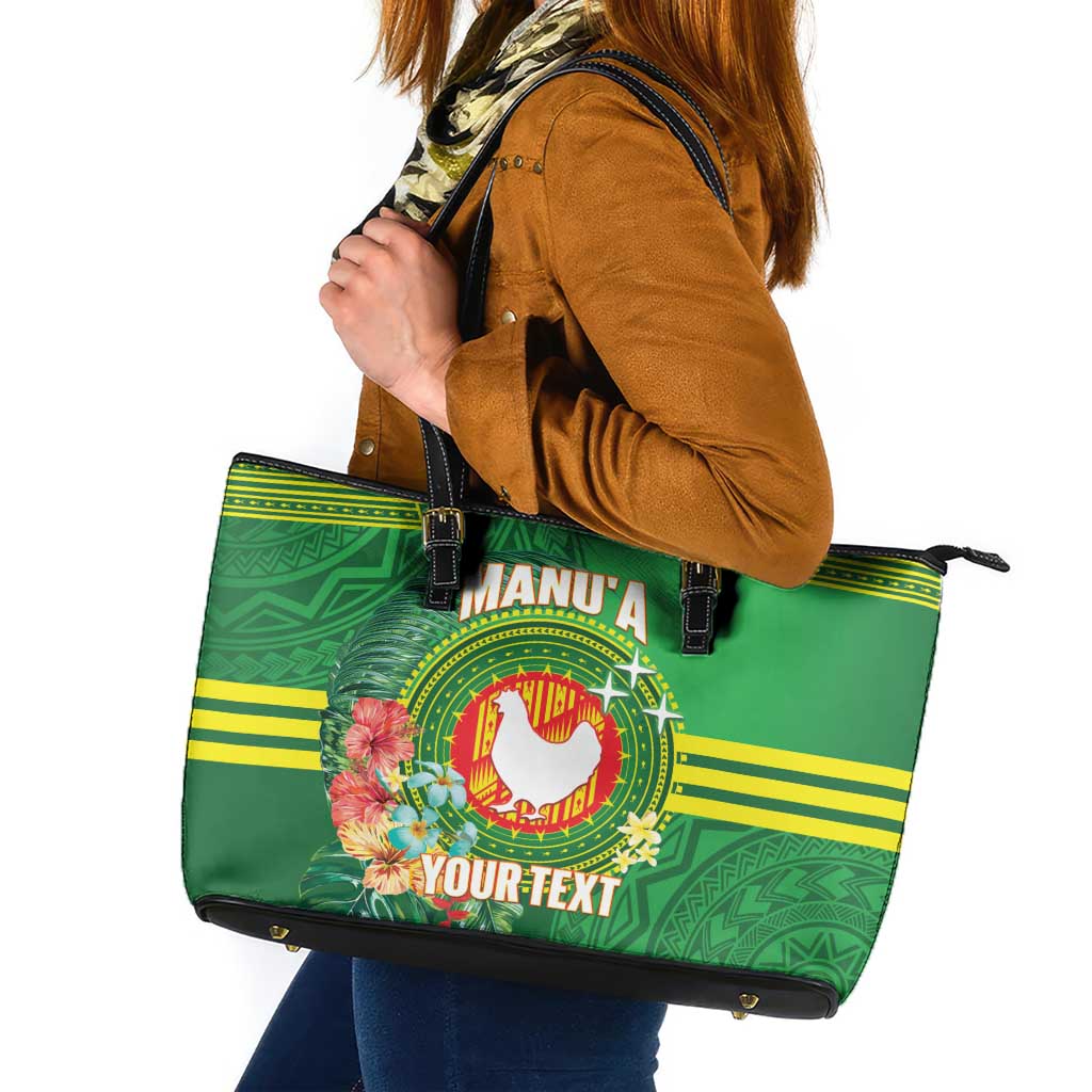 Personalized Manu'a Cession Day Leather Tote Bag Tropical Flowers With Polynesian Pattern LT14 Green - Polynesian Pride