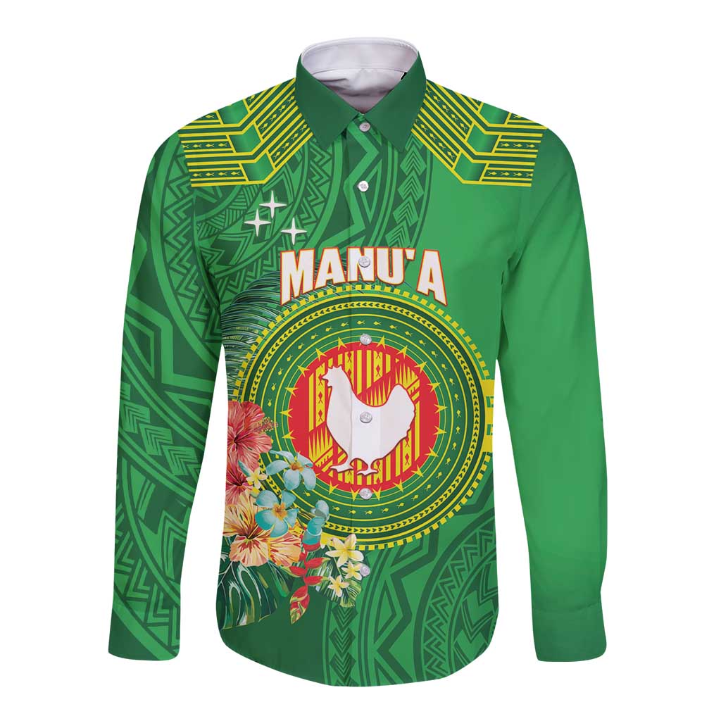 Personalized Manu'a Cession Day Long Sleeve Button Shirt Tropical Flowers With Polynesian Pattern