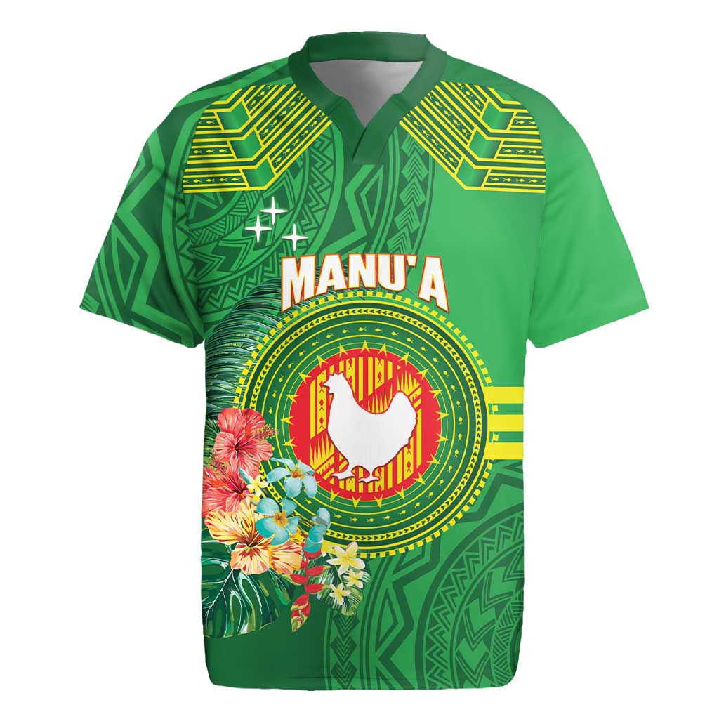 Personalized Manu'a Cession Day Rugby Jersey Tropical Flowers With Polynesian Pattern LT14 Green - Polynesian Pride