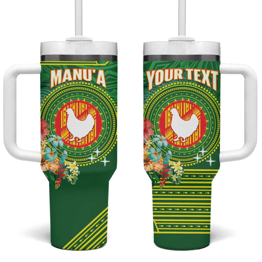 Personalized Manu'a Cession Day Tumbler With Handle Tropical Flowers With Polynesian Pattern LT14 One Size: 40 oz Green - Polynesian Pride