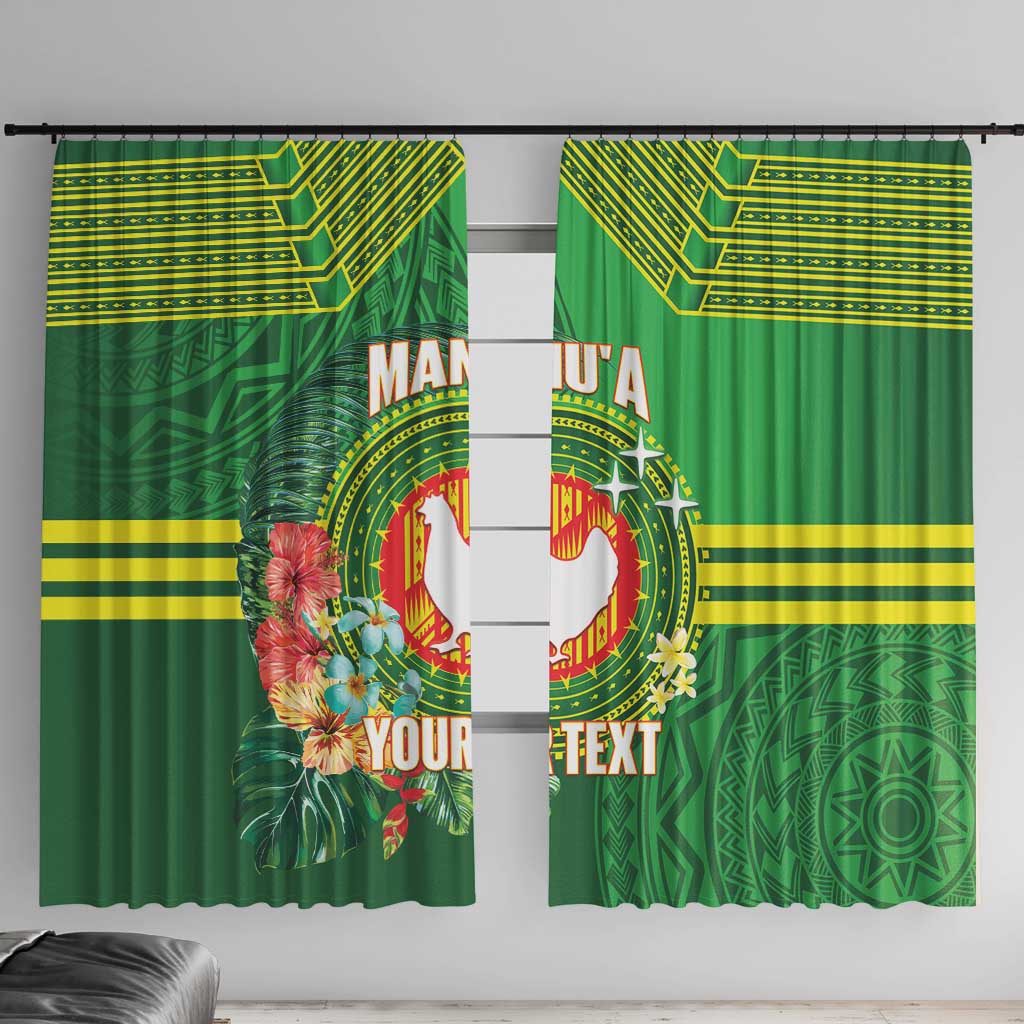 Personalized Manu'a Cession Day Window Curtain Tropical Flowers With Polynesian Pattern LT14 With Hooks Green - Polynesian Pride