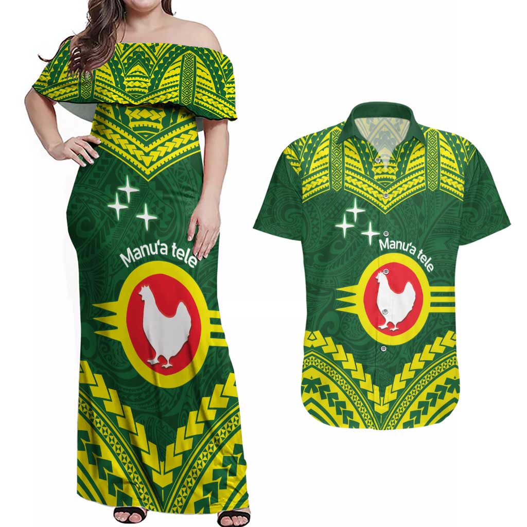 Manu'a Flag Day Couples Matching Off Shoulder Maxi Dress and Hawaiian Shirt Polynesian Pattern National Color Proud