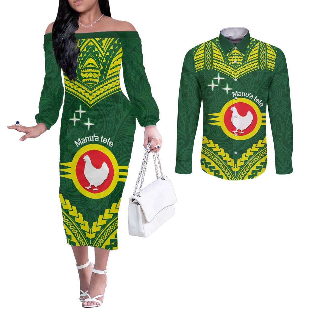 Manu'a Flag Day Couples Matching Off The Shoulder Long Sleeve Dress and Long Sleeve Button Shirt Polynesian Pattern National Color Proud LT14 Green - Polynesian Pride