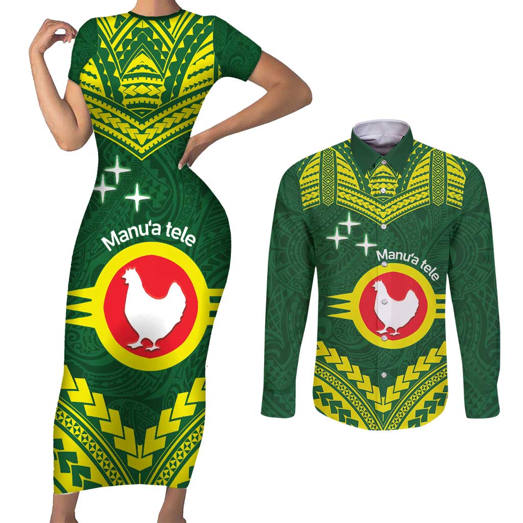 Manu'a Flag Day Couples Matching Short Sleeve Bodycon Dress and Long Sleeve Button Shirt Polynesian Pattern National Color Proud LT14 Green - Polynesian Pride
