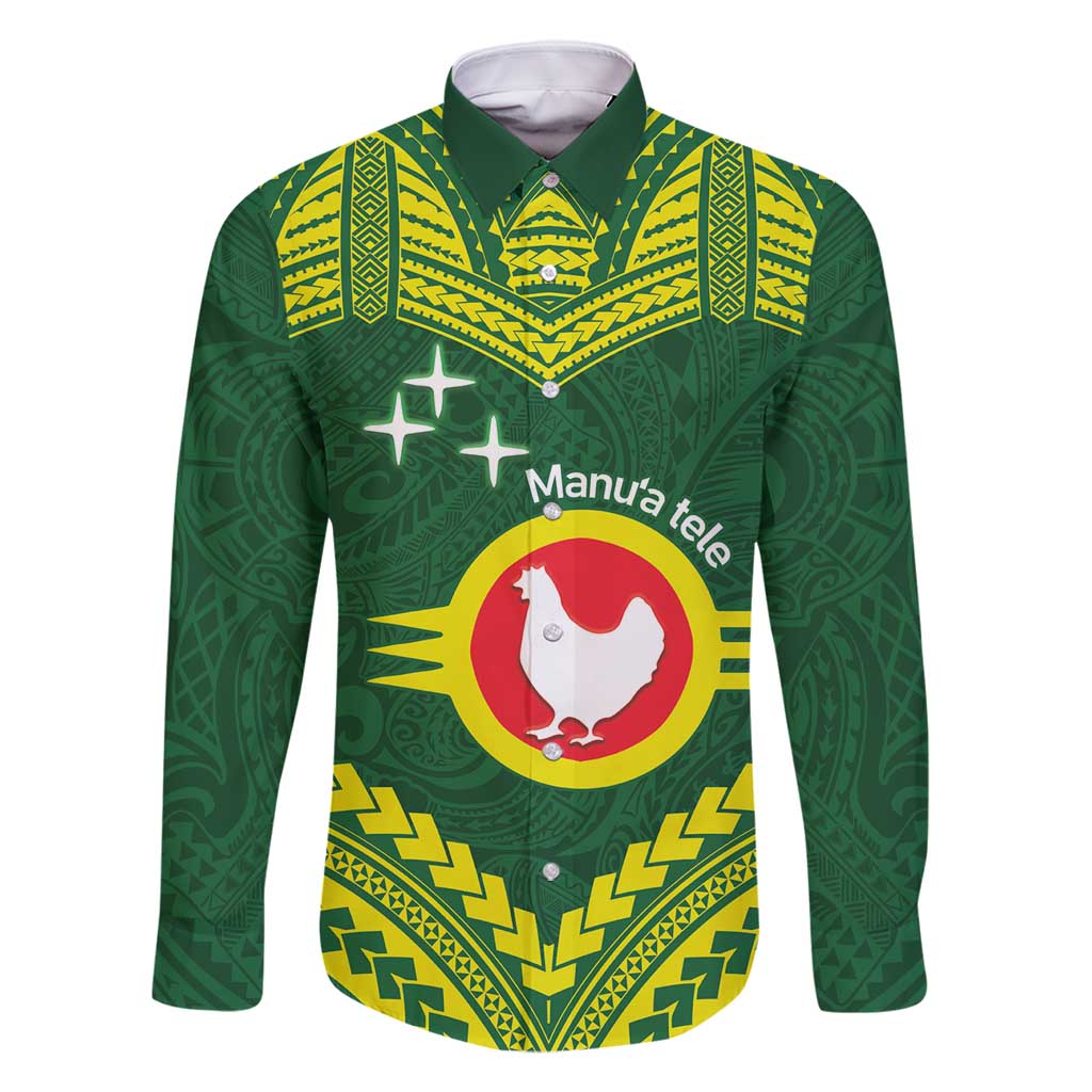Manu'a Flag Day Family Matching Mermaid Dress and Hawaiian Shirt Polynesian Pattern National Color Proud LT14 Dad's Shirt - Long Sleeve Green - Polynesian Pride