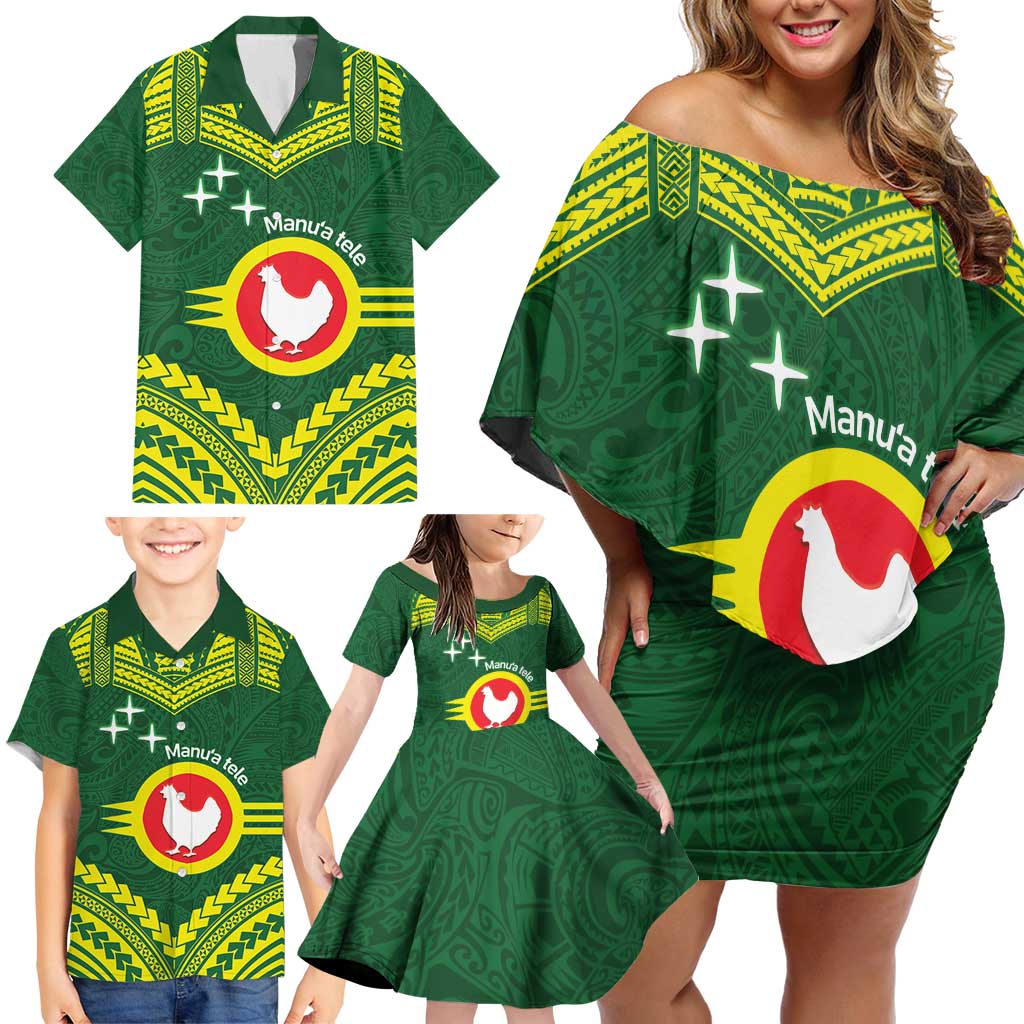 Manu'a Flag Day Family Matching Off Shoulder Short Dress and Hawaiian Shirt Polynesian Pattern National Color Proud