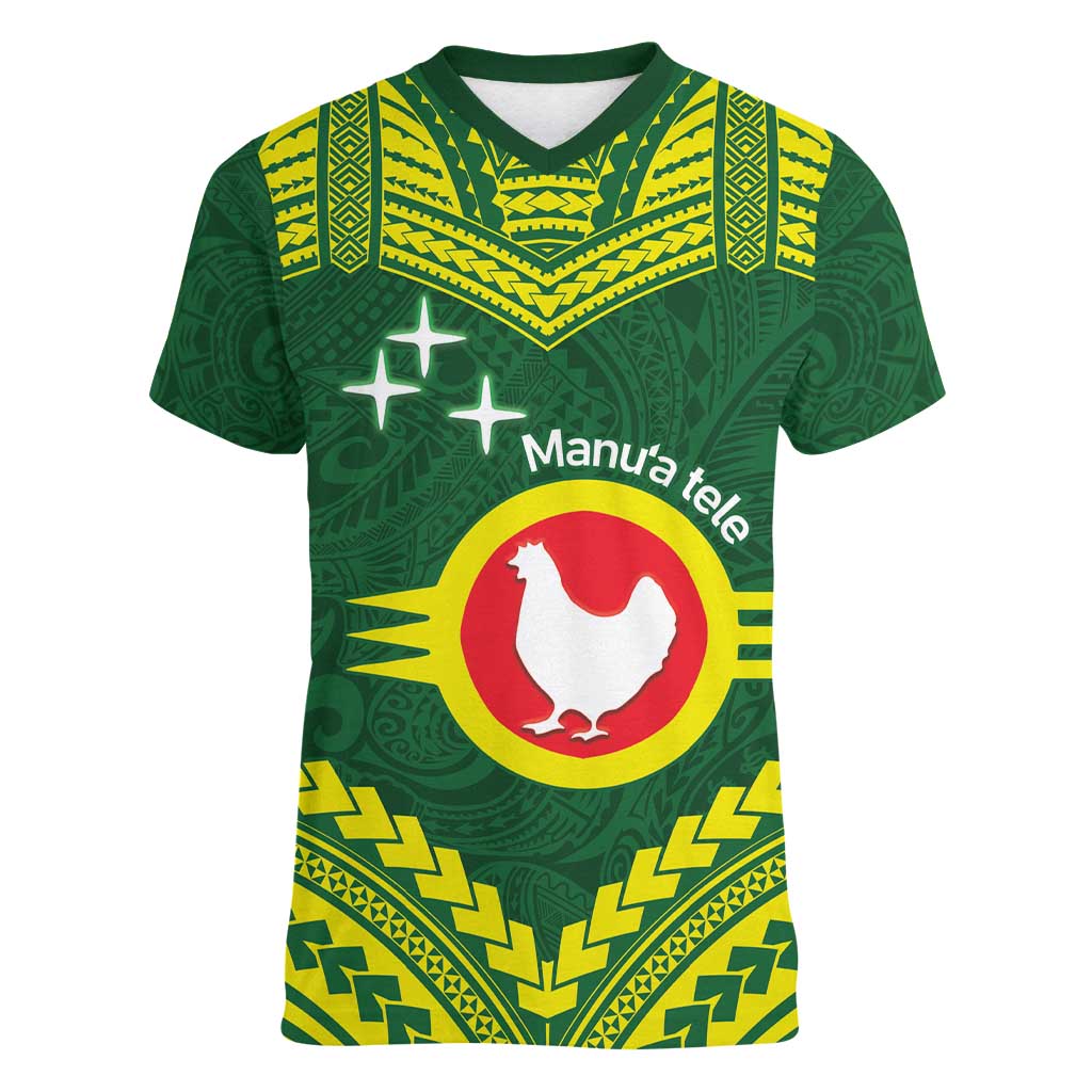 Manu'a Flag Day Women V-Neck T-Shirt Polynesian Pattern National Color Proud LT14 Female Green - Polynesian Pride