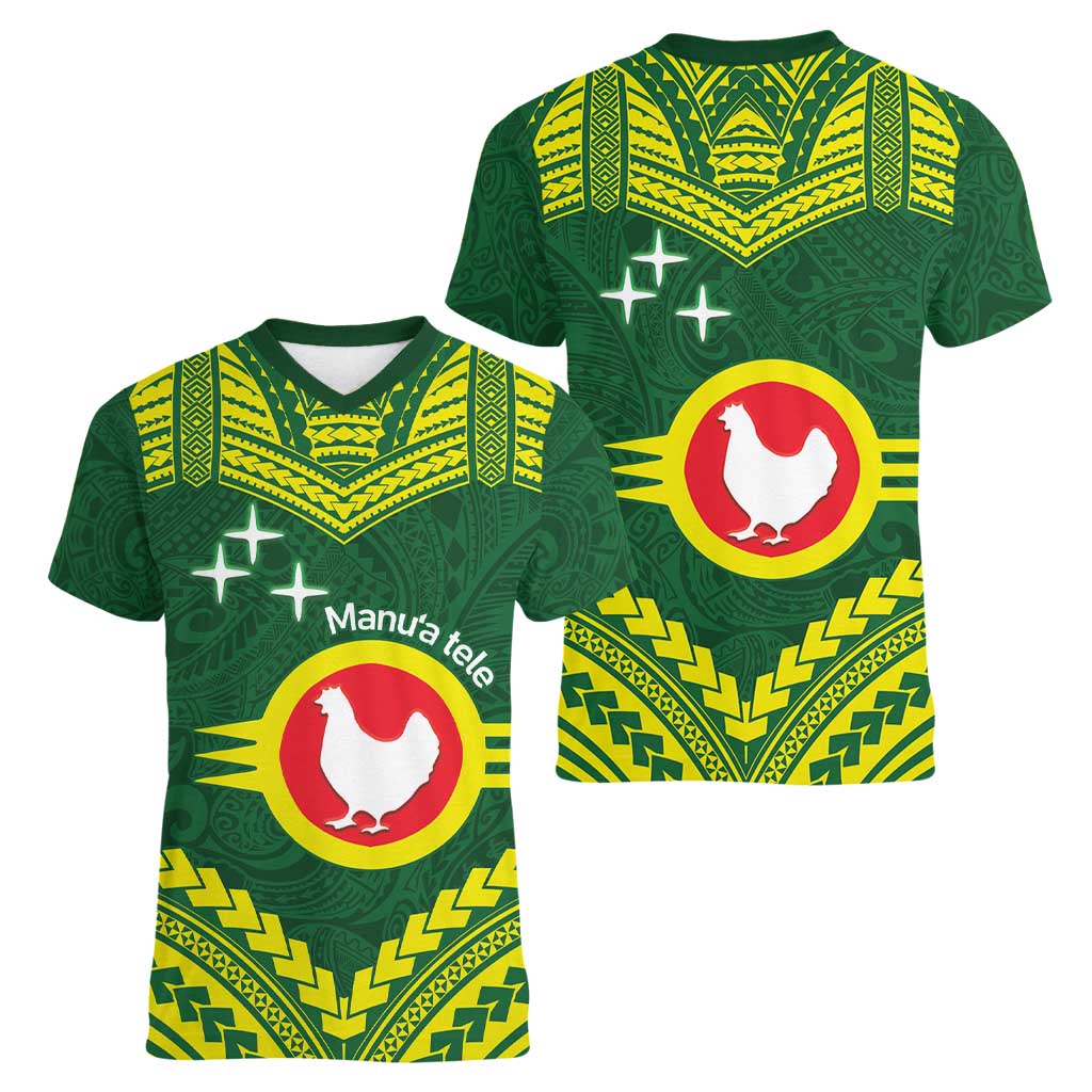 Manu'a Flag Day Women V-Neck T-Shirt Polynesian Pattern National Color Proud