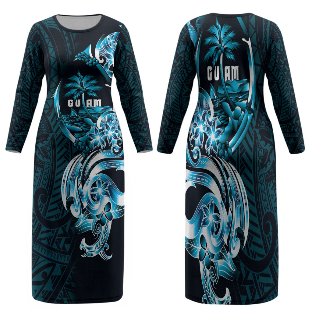 Asut Guam Chamorro Family Matching Long Sleeve Bodycon Dress and Hawaiian Shirt Guahan Seal Tattoo LT14 Mom's Dress Blue - Polynesian Pride